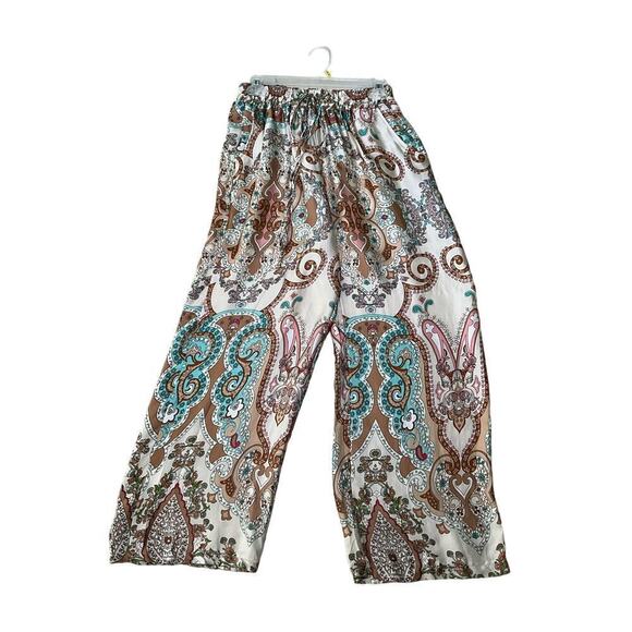 Women's Cropped Pant Beige Silky Paisley Wide Leg Flat Front Bohemian - Picture 3 of 6